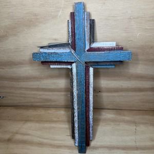 Stonebriar Wooden Wall Cross 14" 3D Multicolor Red, White, Blue, Kitchen New